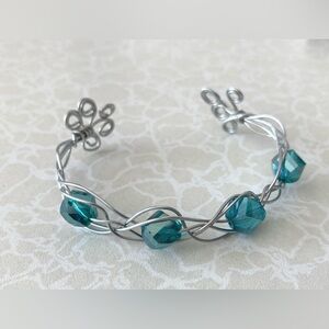 Handmade Silver Wire Cuff Bracelet with Teal Crystal Beads